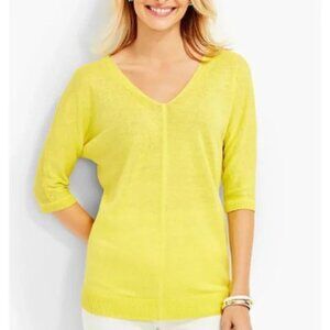 Talbots Yellow Knit Linen Top NWT Double V-Neck 3/4 Dolman Sleeve Size Small